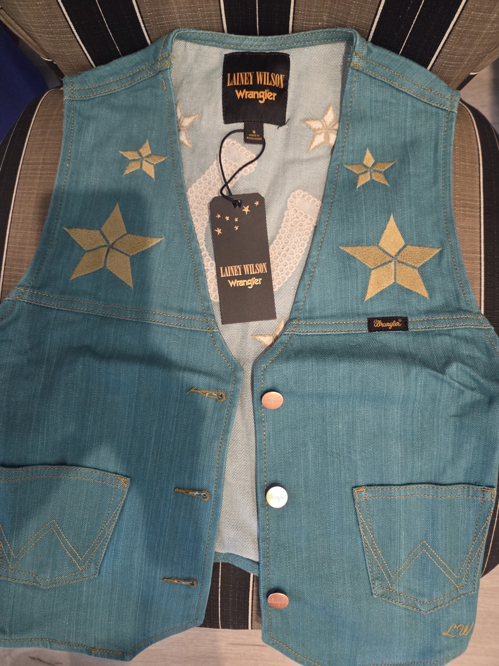 Wrangler Teal Denim Vest with Gold Star Embroidery - Small